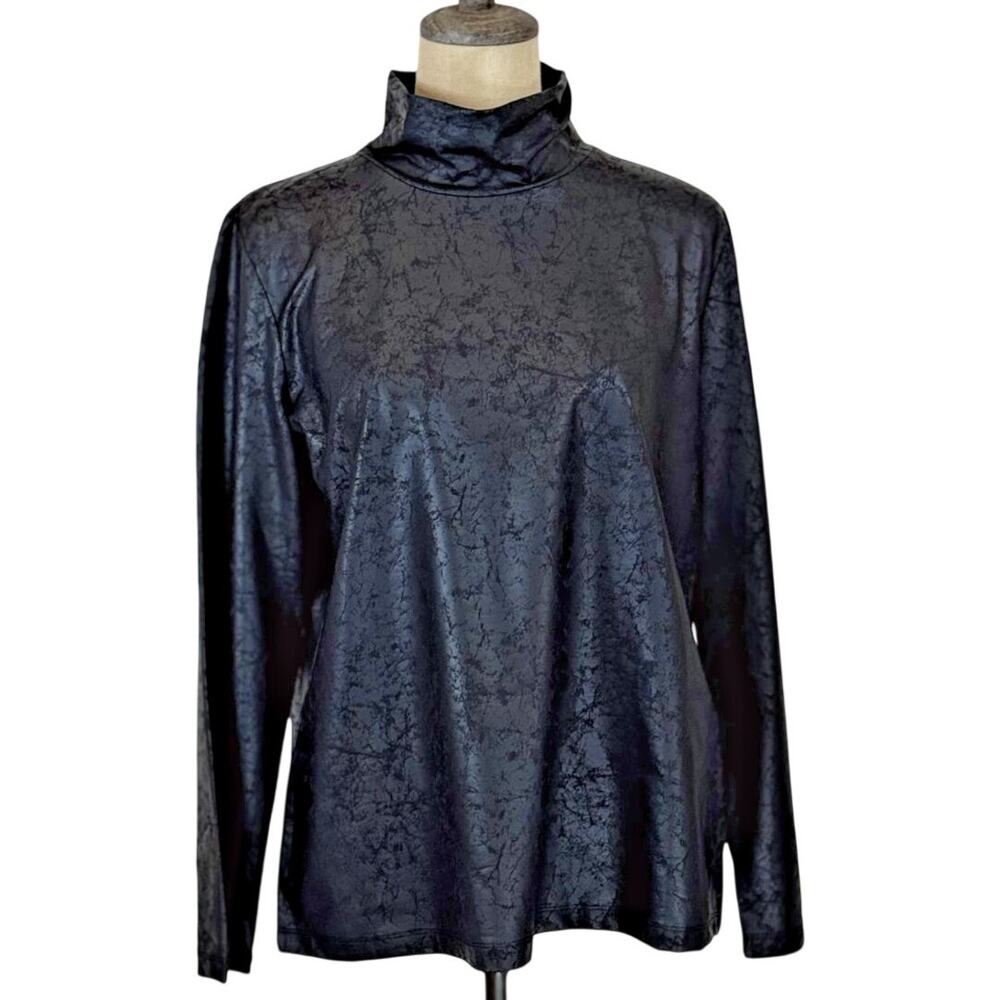 NWT Sassy Black Faux Distressed Shiny Leather Mock Turtleneck Top XL